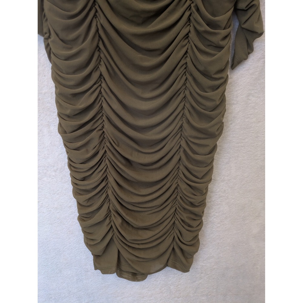 SHEIN Bodycon Dress Women's Size 6 Olive Green Ruched Mesh Square Neck Midi - Picture 2 of 9